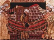 Image made in 1315 of Pre-Prophethood Muhammad re-dedicating the Black Stone at the Kaaba. From Tabriz, Persia and can be found in Rashid al-Dins Jami' al-Tawarikh ("The Universal History" or "Compendium of Chronicles"), held in the University of Edinburgh.