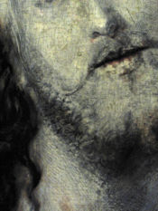 This detail from Salvatore Mundi, an unfinished oil painting on wood, reveals Dürer's highly detailed preparatory drawing, See full painting