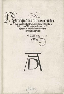 The title page of Vier Bücher von menschlicher Proportion showing the monogram signature of Albrecht Dürer