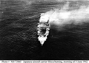 A rare image of a heavily damaged Japanese carrier, in this case the Hiryu.