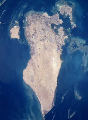 Bahrain from space, June 1996; north is to the left of the picture.