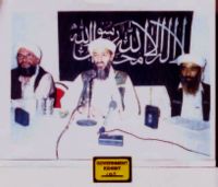 Group photo of Ayman Al Zawahiri, Osama bin Laden & Abu Hafs.Prosecution exhibit from the trial of Zacarias Moussaoui. This image has an uncertain copyright status and is pending deletion. You can comment on the removal.