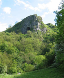 Typical limestone scenery: Thor's Cave from the Manifold Way.