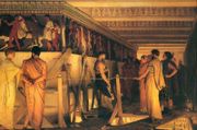 Phidias Showing the Frieze of the Parthenon to his Friends painted by Alma-Tadema, 1868, Birmingham, Museum and Art Gallery