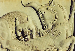Apadana Hall, Persepolis: Angra Mainyu kills the primeval bull, whose seed is rescued by Mah, the moon, as the source for all other animals.