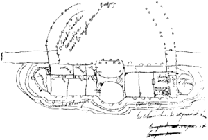 Frederick the Great's sketch for the plan of Sanssouci was the prototype for the palace (north is at the top).  A single enfilade of ten principal rooms forms the south-facing corps de logis.  To the north, two segmented colonnades form a cour d'honneur. Two flanking service wings (hidden from view, screened by trees and covered by climbing plants) provide the necessary but mundane domestic offices.