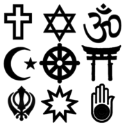 Symmetry in religious symbols. Row 1. Christian, Jewish, Hindu  2. Islamic, Buddhist, Shinto 3. Sikh, Baha'i, Jain