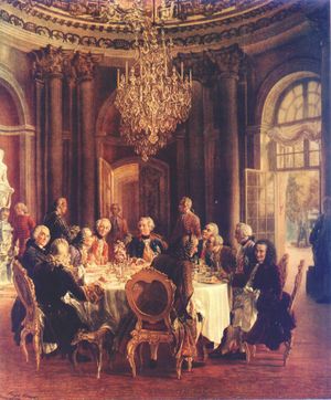 Die Tafelrunde by Adolph von Menzel. The central, domed, "Marble Hall" is the principal reception room of the palace. On the left side, in the purple coat, sits Voltaire, the other guests are members of the Prussian Academy of Sciences