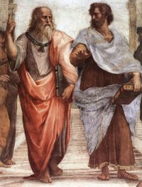 Detail of The School of Athens by Raffaello Sanzio, 1509, showing Plato (pointing upwards, as if to the Form of the Good) and Aristotle (holding his hand palm down to Earth, favouring material evidence).