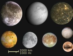 Pluto (bottom right) compared in size to the largest moons in the solar system (from left to right and top to bottom): Ganymede, Titan, Callisto, Io, the Moon, Europa, and Triton.
