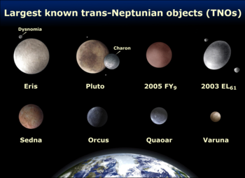 Pluto compared to Eris, 2005 FY9, 2003 EL61, Sedna, Orcus, Quaoar, and Varuna compared to Earth (artist's impressions; no detailed photographs exist).