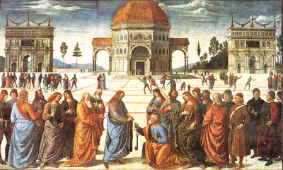 Traditional painting by Pietro Perugino depicting "The Giving of the Keys to Saint Peter" (1492)