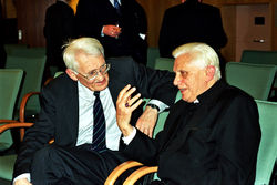 Ratzinger debates  with German philosopher Jürgen Habermas at the Catholic Academy of Bavaria, Germany in 2004.