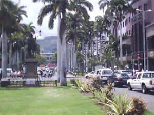 Port Louis' banking district, and the main avenue leading to the Government House (seen in the background)