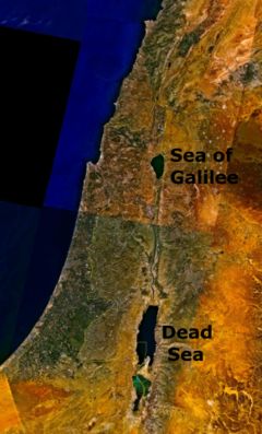 Sea of Galilee - The Sea of Galilee with the Jordan River flowing out of it to the south and into the Dead Sea