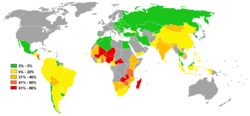 Map of world poverty by country, showing percentage of population living on less than 1 dollar per day. Unfortunately, information is missing for some countries.