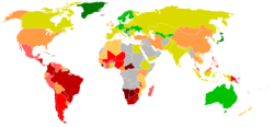 World map showing the Gini coefficient, a measure of income inequality.