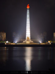 Juche Tower stands in Pyongyang as a reminder to the North Korean people of Kim Il-sung's philosophy of Juche (self-reliance).