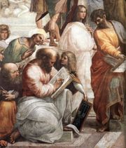 Pythagoras, the man in the center with the book, in The School of Athens by Raphael