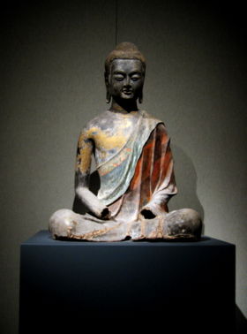 Seated Buddha, from the Chinese Tang dynasty,  Hebei province, ca. 650 CE. Buddhism in China is of the Mahayana tradition, with popular schools today being Pure Land and Zen.
