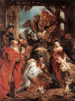 Adoration, by Peter Paul Rubens. Dynamic figures spiral down around a void: draperies blow: a whirl of movement lit in a shaft of light, rendered in a free bravura handling of paint