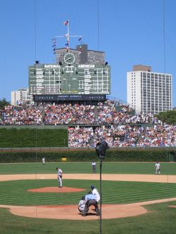 The main scoreboard at Wrigley Field. This photo was taken during the August 27, 2005 Cubs-Marlins game.