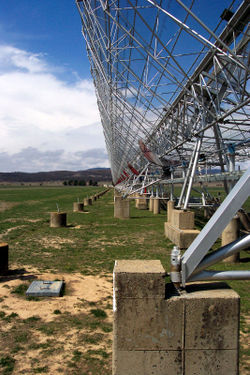 Another common design of radio telescope is called a cylindrical paraboloid telescope (actually the receiver shape is a parabolic prism, in this case constructed from wire mesh)