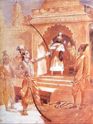 Rama breaking the bow of Siva at Sita's Swayamvara in Mithila, by Raja Ravi Varma (1848-1906)