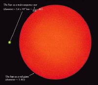 When the Sun has exhausted its supply of hydrogen to fuse it will swell into the Red Giant phase. The size of the current Sun (now in the main sequence) is here compared to its estimated size during its red giant phase.