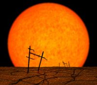 Artist's conception of the remains of artificial structures on the Earth after the Sun enters its red giant phase and swells to roughly 100 times its current size.