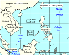 The South China Sea, showing surrounding countries and neighbouring seas and oceans