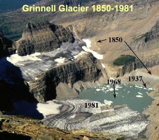 Grinnell Glacier in Glacier National Park (US) showing recession since 1850 of 1.1 km (0.7 miles) USGS