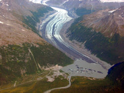 Valdez Glacier has thinned 90 m (300 ft) over the last century and the barren ground near the glacial margins have been exposed due to the glacier thinning and retreating over the last two decades of the 20th century.