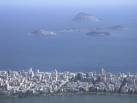 A view of Ipanema from Corcovado. The Cagarras Islands can be seen on the background, with the Rodrigo de Freitas Lagoon in the foreground.