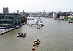 View looking west, from the high-level walkway on Tower Bridge. Click on the picture for a longer description