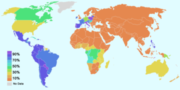 Catholic membership as a percentage of each country's population.