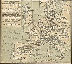 A map of medieval universities shows the universities established by the Catholic Church in Europe.