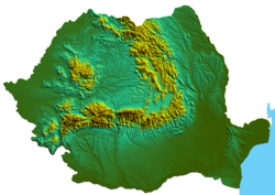 Physical map of Romania showing the Carpathian Mountains.