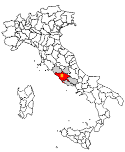 Location of the city of Rome (yellow) within the Province of Rome (red) and region of Lazio (grey)