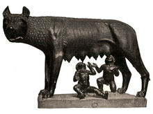 The ancient Etruscan bronze Capitoline Wolf suckles the infant twins Romulus and Remus; the twins were added in the late 15th century, probably by Antonio Pollaiolo.