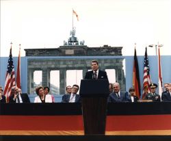 Speaking in front of the Brandenburg Gate on June 12, 1987 Ronald  Reagan challenged reformist Soviet leader Mikhail Gorbachev, exclaiming: "Mr. Gorbachev, tear down this wall!"