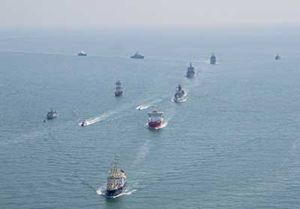  HMS Endurance carries the Lord High Admiral of the United Kingdom, HM Queen Elizabeth II, as part of the Trafalgar bi-centennial Fleet Review, 28 June 2005 