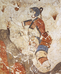 A detail of the "Saffron Gatherers" fresco from the "Xeste 3" building. The fresco is one of many dealing with saffron that were found at the ancient Minoan settlement of Akrotiri, Santorini.