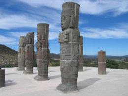 Columnar statues in the form known as "Atlantids", representing Toltec warriors. The examples shown here are from the Toltec site of Tula (Tollan), north of Mexico City; similar examples and styles found at Chichen Itza by Morley provided further evidence of Maya-Mexica cultural contact