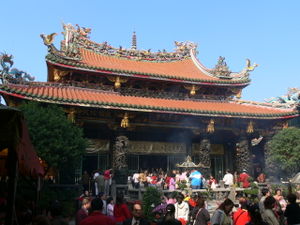 The Longshan Temple , an example of architecture with southern Chinese influences commonly seen in older buildings in Taiwan.