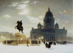 The Bronze Horseman comes to life and races the streets of St. Petersburg in more than one work of Russian fiction.  St Isaac's Cathedral looms in the background.