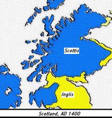 One interpretation of the linguistic divide in 1400, here based on place-name evidence.