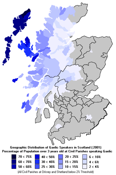 Geographic Distribution of Gaelic speakers in Scotland (2001)