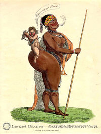 A 19th century caricature of the "Hottentot Venus". Saartje Baartman, a Namaka woman, was exhibited naked and in a cage as a sideshow attraction in England, fueling the African Association's indignation. After her death, her genitals were dissected and cast in wax. Nelson Mandela formally requested France to return her remains, which had been kept at the Parisian Musée de l'Homme until 1974.