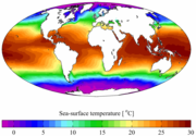 Annual mean sea surface temperature for the World Ocean.  Data from the World Ocean Atlas 2001.